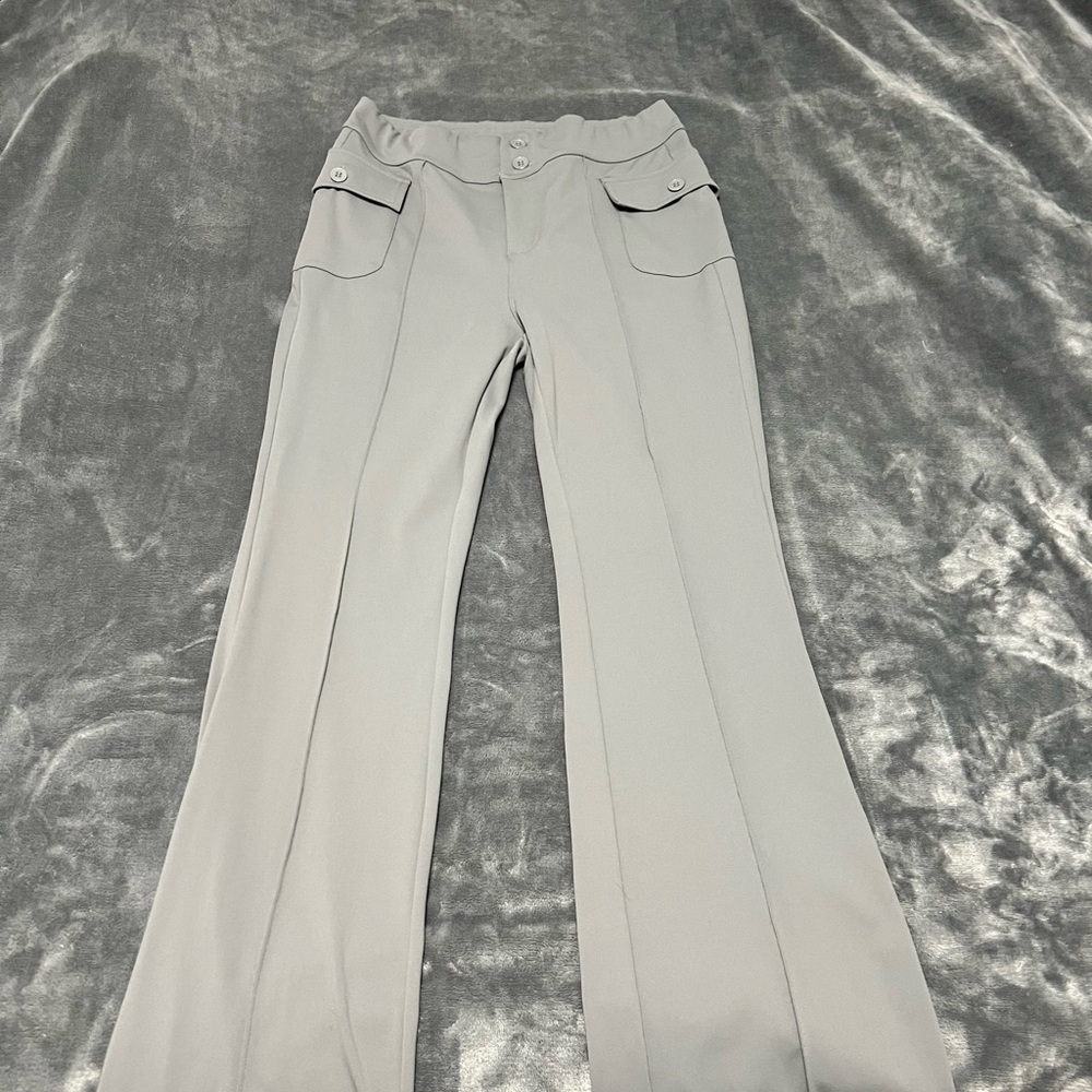 Light Gray Halara flare work pants. These are large and they stretch.